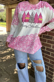 DLH15355 "Merry Christmas"words &trees multi color printed long sleeve women tops