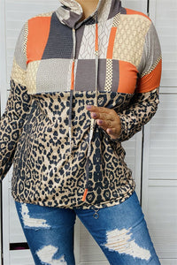 YMY12331 Leopard and part of orange multi color printed w/hoodie with string long sleeve women tops(AS4)