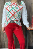 XCH15325 Green/red Christmas elements graphic printed long sleeve w/white lace&tighten cuff women tops