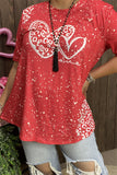 DLH14598 White leopard hearts printed short sleeve red women top