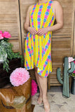 BQ10655 Yellow/pink Aztec multi color printed sleeveless dress w/pockets