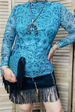 BQ15411 Teal/black paisley printed  tighten turtleneck long sleeve women top