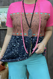 XCH15330 Paisley&white dots w/black fuchsia block color printed short sleeve women tops