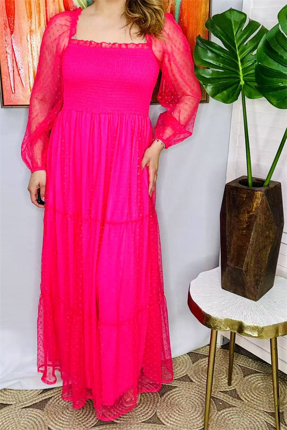 XCH15851 Fuchsia mesh gauze long sleeve women max dress