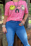 DLH12608-2 Pink leopard smiley face printed t-shirt