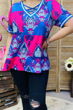 XCH15899 Blue&Fuchsia geometric graphic multi color printed short sleeve V-neckline w/cross string women tops