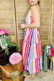 GJQ13495 Multi color striped printed sleeveless maxi dress w/side pockets&waist straps