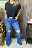 S011 Scratch hole on the knee blue straight w/bell bottom women jean/pants