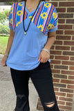 GJQ10633 Blue/yellow/rust red color printed Aztec V-neckline short sleeve women blue tops(DS8)