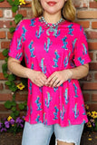 Shop Fuchsia cactus printed short sleeve women tops BQ13162