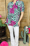 GJQ15598 Teal/fuchsia/black leopard printed short sleeve women tops w/v-neckline