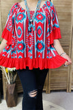 YMY15524 Mint/Turquoise/Red  printed short sleeve w/red ruffle trim&bottom loose neckline women blouse