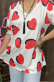 GJQ12512 Red/black heart printed short sleeve w/tighten trim white women top w/v-neckline