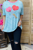 XCH14650 Mint leopard & red hearts printed short sleeve women top