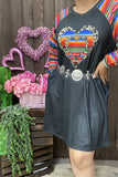 DLH12143 Black & Serape leopard heart printed raglan long sleeve women dress w/side pockets