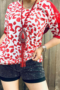 Women's t-shirt wholesale Red leopard printed w/sequin part short sleeves BQ13416