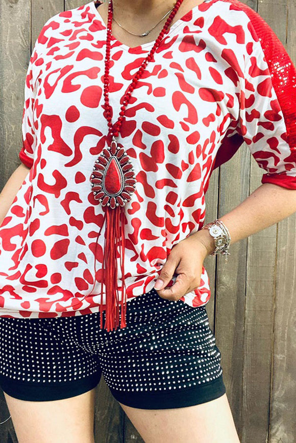 Women's t-shirt wholesale Red leopard printed w/sequin part short sleeves BQ13416