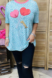 XCH14650 Mint leopard & red hearts printed short sleeve women top