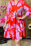 GJQ15824 Pink graphic multi color printed 3/4 sleeve w/ruffle women ruffle red dress