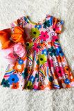XCH0020-1H Floral prints short sleeve girls swirl dress (A2S8)