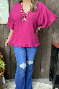 GJQ15661 Plum Bell w/ruffle short sleeve  loose women blouse