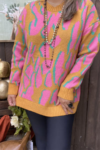 MY13394 Pink/yellow/turquoise leopard print long sleeve women sweater