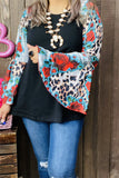 GJQ15193 Floral&Leopard multi color printed  raglan long bell sleeve women black tops (HS1)