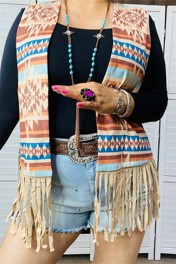 GJQ14610 Aztec multi color printed sleeveless suede fabric women vest w/fringe&tassels (AS11)