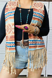 GJQ14610 Aztec multi color printed sleeveless suede fabric women vest w/fringe&tassels (AS11)