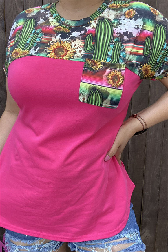 BQ12544 Pink cactus & sunflower multi color & block pink printed short sleeve with front pocket women top (ES12)