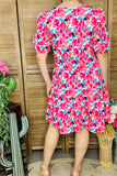 GJQ16005 Fuchsia floral multi color printed short sleeve w/elastic band women dress w/side pockets