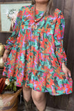 XCH15484 Multi color floral printed long sleeve w/elastic cuff loose women dress