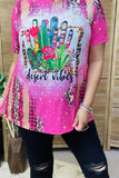 XCH12443 "DESERT VIBES" cactus multi color printed short sleeve pink women top