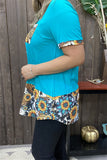 BQ12209 Turquoise & sunflower/animal printed with front pocket short sleeve blouse(CS4 )