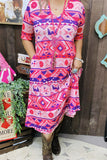 GJQ15744 Purple/fuchsia/pink Aztec multi color printed short sleeve women dress w/side pockets