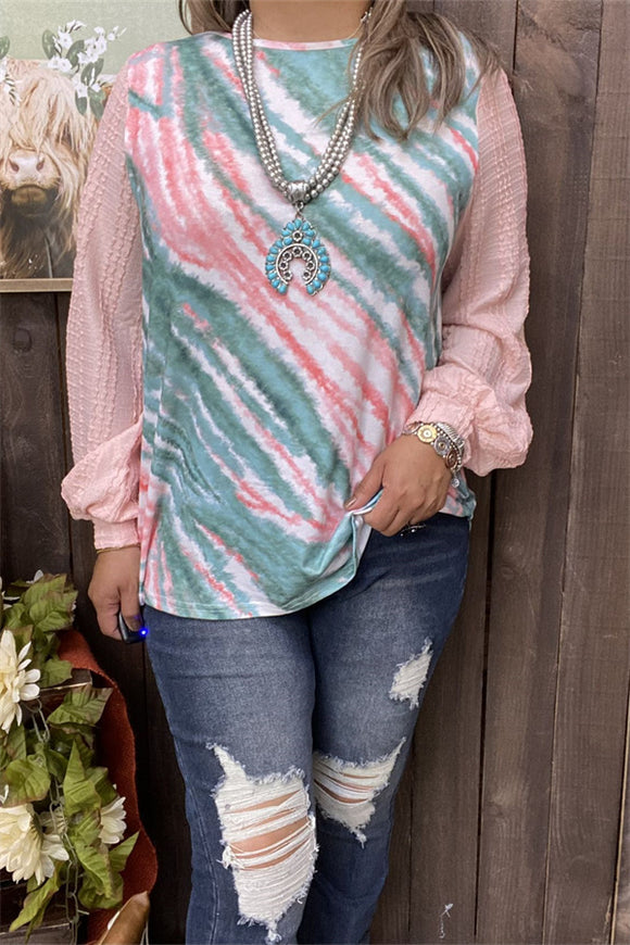 BQ14103 Tie-dye printed w/light pink solid color long sleeve women tops