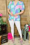XCH15900 Turquoise&pink&purple multi color printed V-neckline w/colorful trim short sleeve w/tight cuff women tops