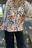 XCH15453 Leopard printed 3/4 loose beige color sleeve/ruffle trim women tops