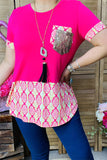 YMY9183 Fuchsia/snake pattern printed top w/sequin double pockets short sleeves women top (FS7)