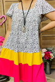 GJQ15845 Black dots printed short sleeve w/ruffle fuchsia&yellow solid color bottom women dress