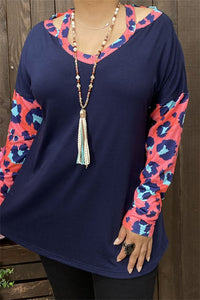 BQ10505 Navy blue cold shoulder women top w/leopard printed long sleeves