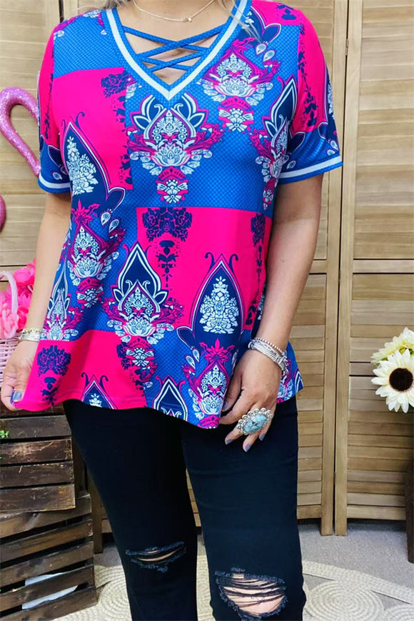 XCH15899 Blue&Fuchsia geometric graphic multi color printed short sleeve V-neckline w/cross string women tops