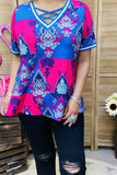 XCH15899 Blue&Fuchsia geometric graphic multi color printed short sleeve V-neckline w/cross string women tops