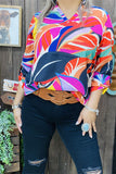 XCH15615 Orange/fuchsia/teal colorful paisley printed 3/4 sleeve w/band  V-neckline women tops