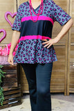 XCH15696 Black/Fuchsia leopard printed short sleeve women tops