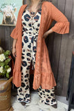 GJQ19392 Small dots w/ruffle 3/4 sleeve&bottom mesh fabric coral color women cardigan