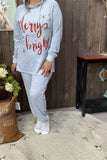 BQ15556 Christmas holiday "Merry and bright" red printed hoodie 2pcs women sets w/string gray long sleeve