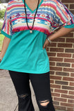 GJQ9673-2 Bull/Aztec&Turquoise block solid color printed short sleeve women top