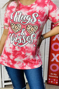 DLH12875 Hugs & Kissed Leopard hearts printed fuchsia tie-dye women top w/ short sleeve