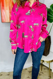 XCH15820 Leopard animal printed long sleeve women fuchsia shirt